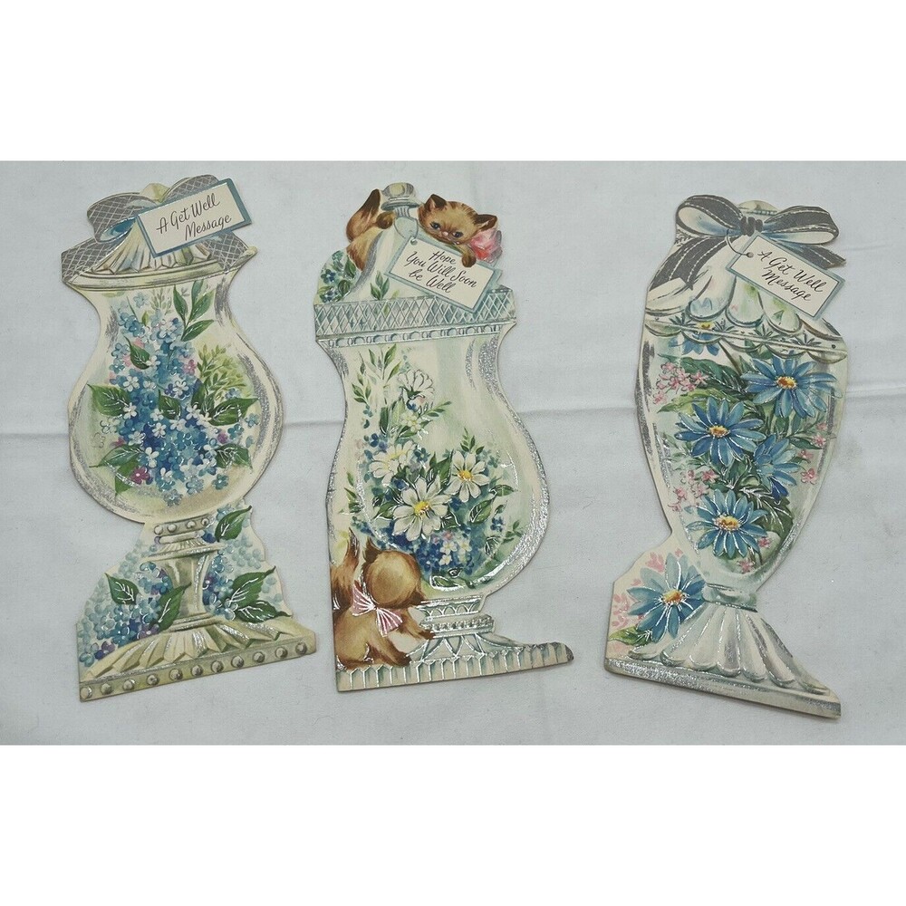 VINTAGE 3 GET WELL Greeting Cards DIE CUT APOTHECARY JAR Sunshine Card UNUSED